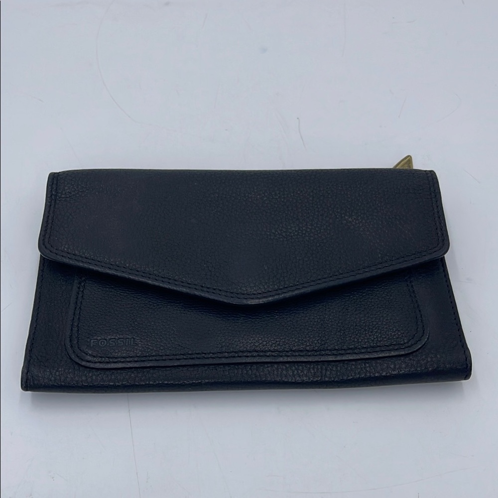 Fossil Black Leather Tri-fold Checkbook Wallet